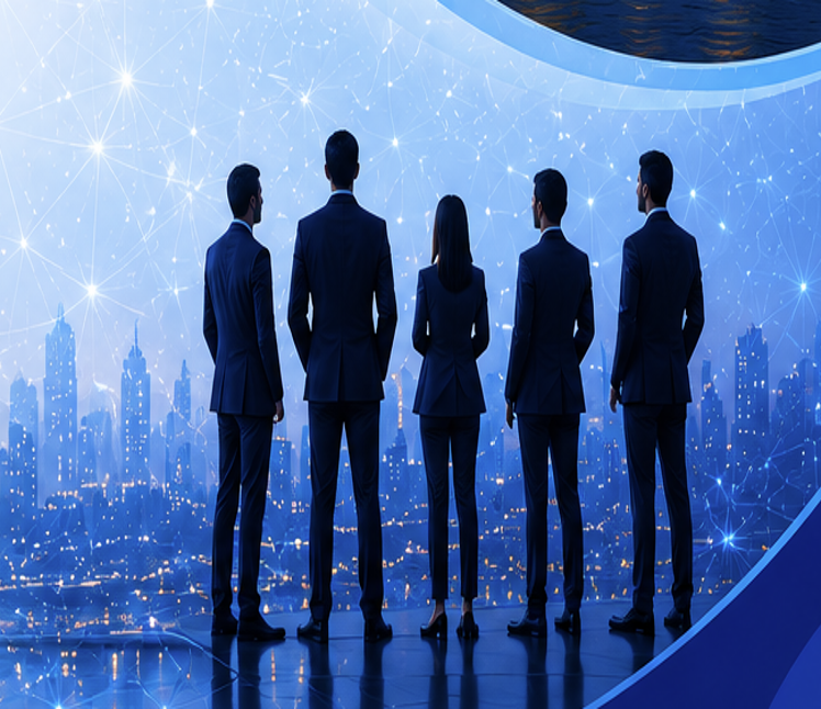 Consultancy team overlooking a connected city skyline