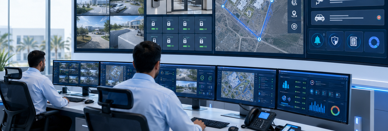 Security operator monitoring a video wall in a command centre