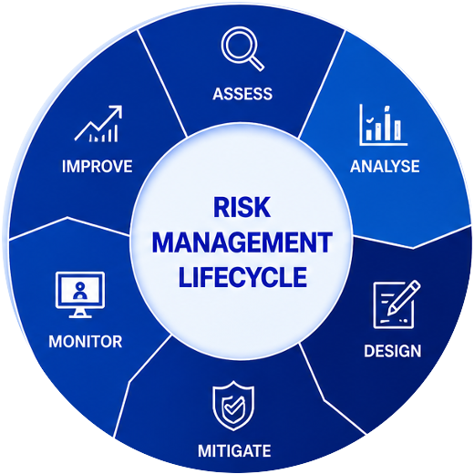 Risk management lifecycle: assess, analyse, design, mitigate, monitor, improve
